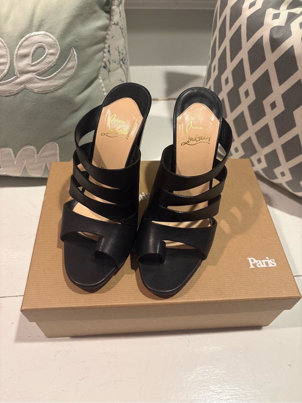 Christian Louboutin Black Strappy Heels with Toe Loop
